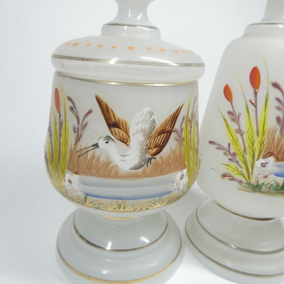 Handpainted Ducks Birds Frosted Glass Decanter Jar Candle Holder Vintage - Picture 3 of 9
